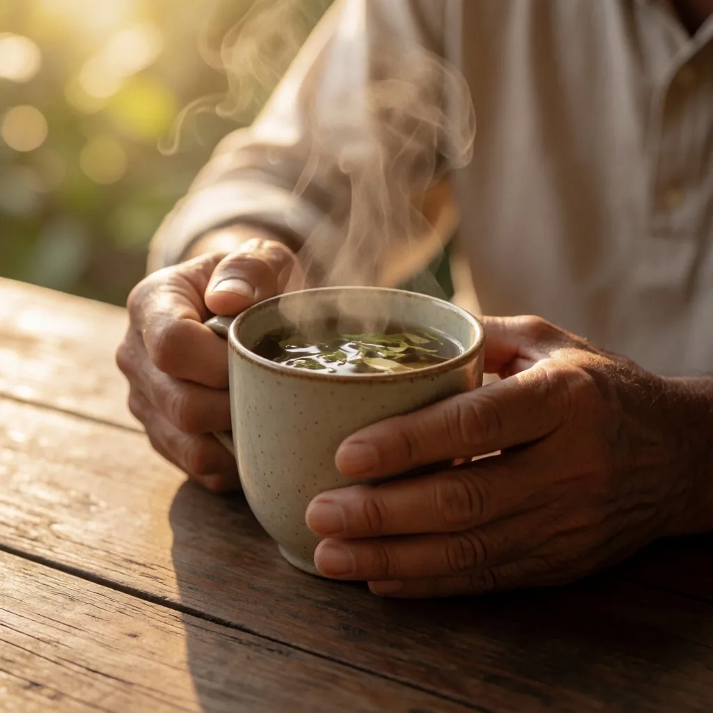 Hands holding herbal tea in morning light