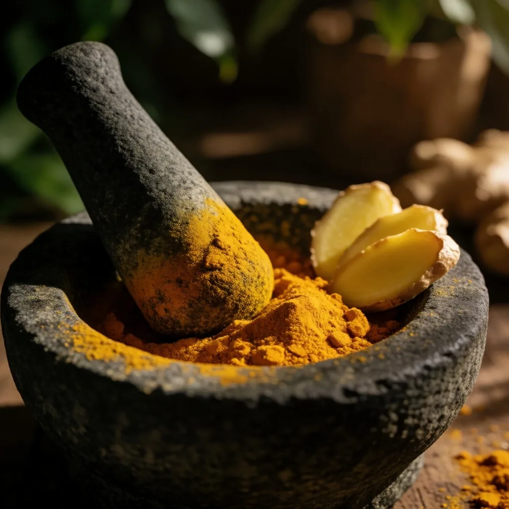 Stone mortar with ground botanicals
