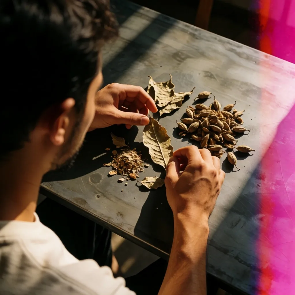 Hands inspecting botanical ingredients on a dark surface