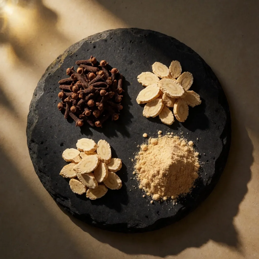 Arranged botanical ingredients and minerals on a dark surface