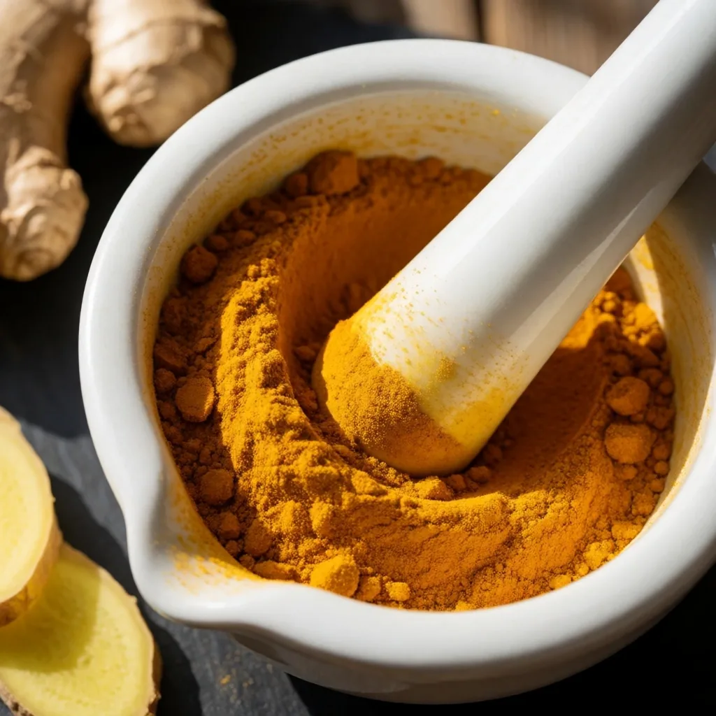 Ceramic mortar and pestle with freshly ground turmeric and ginger