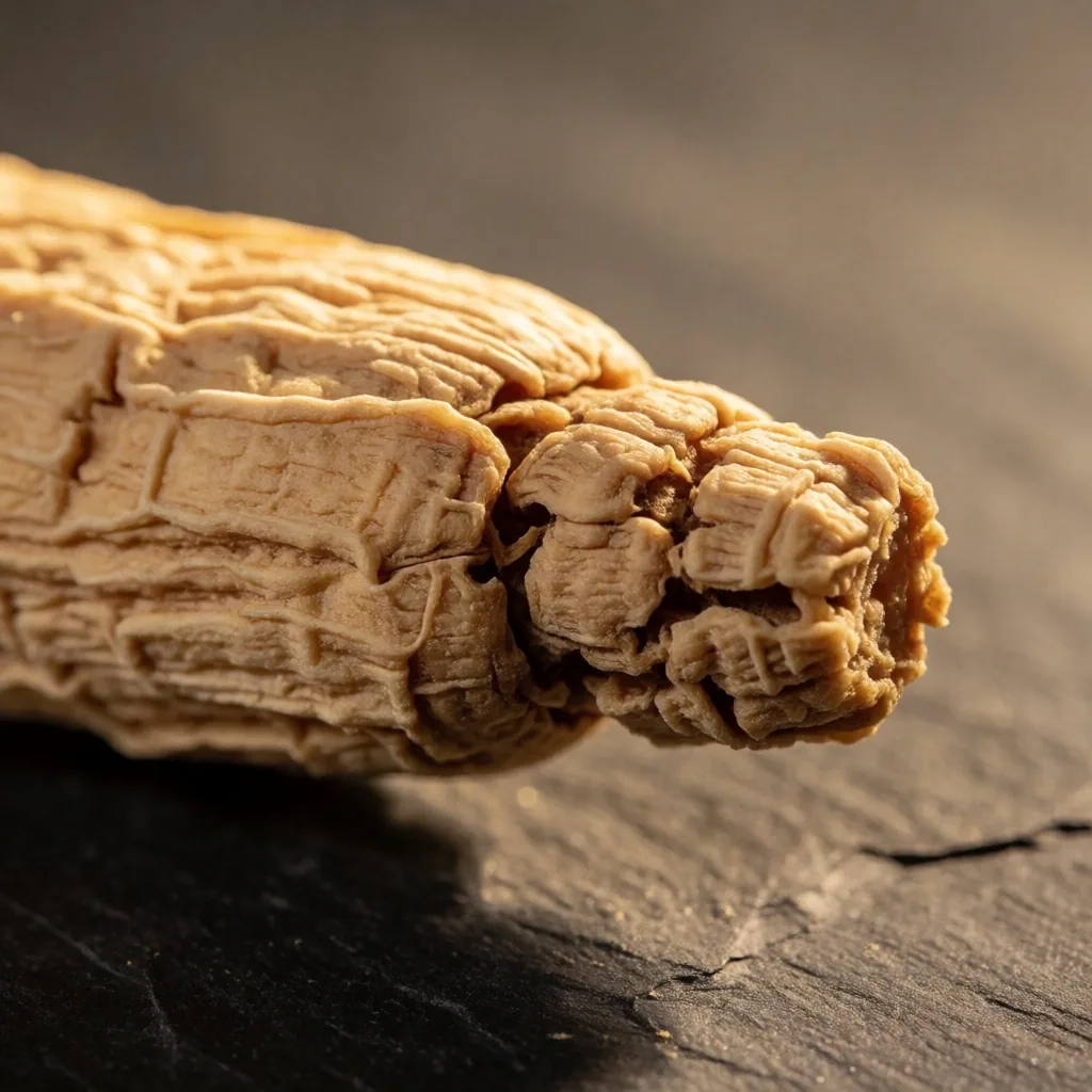 Dried ginseng root specimen showing growth rings and natural texture