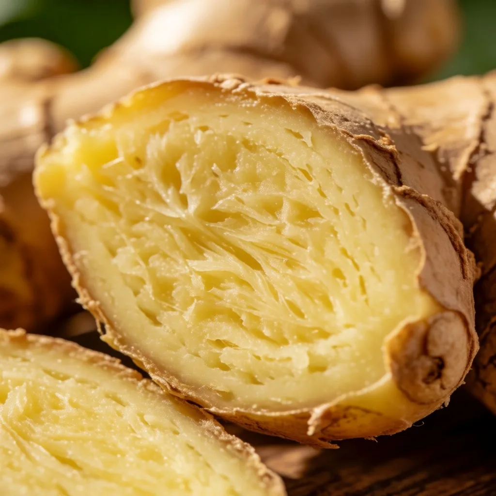 Macro view of raw ginger root interior showing fibrous golden texture