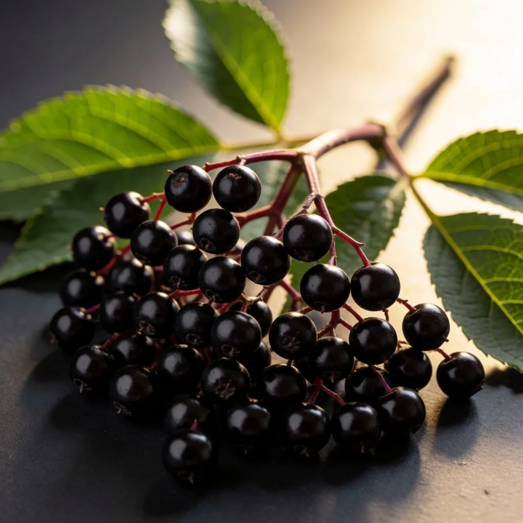 Dark elderberry clusters on a branch