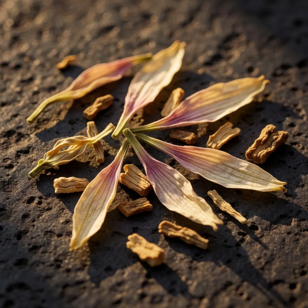 Dried echinacea root and petals on stone