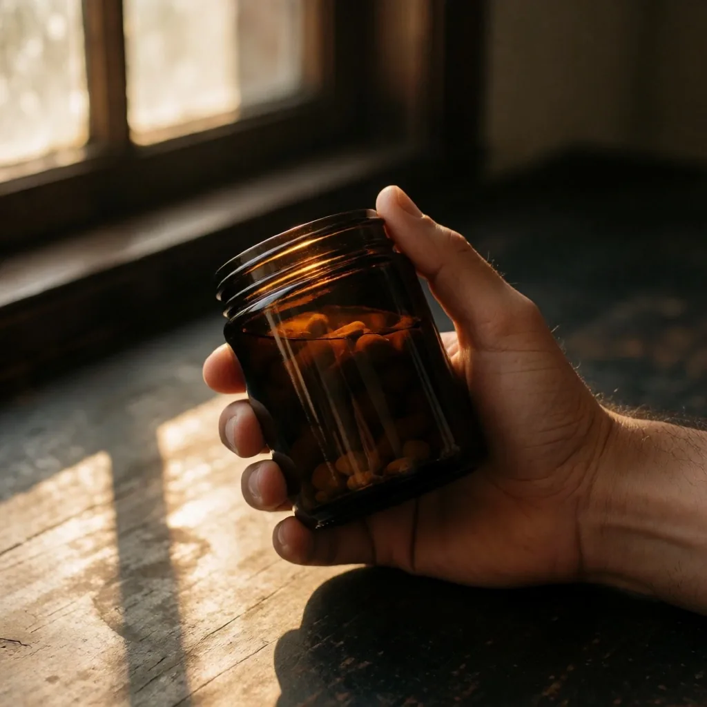 Hand holding an amber supplement jar
