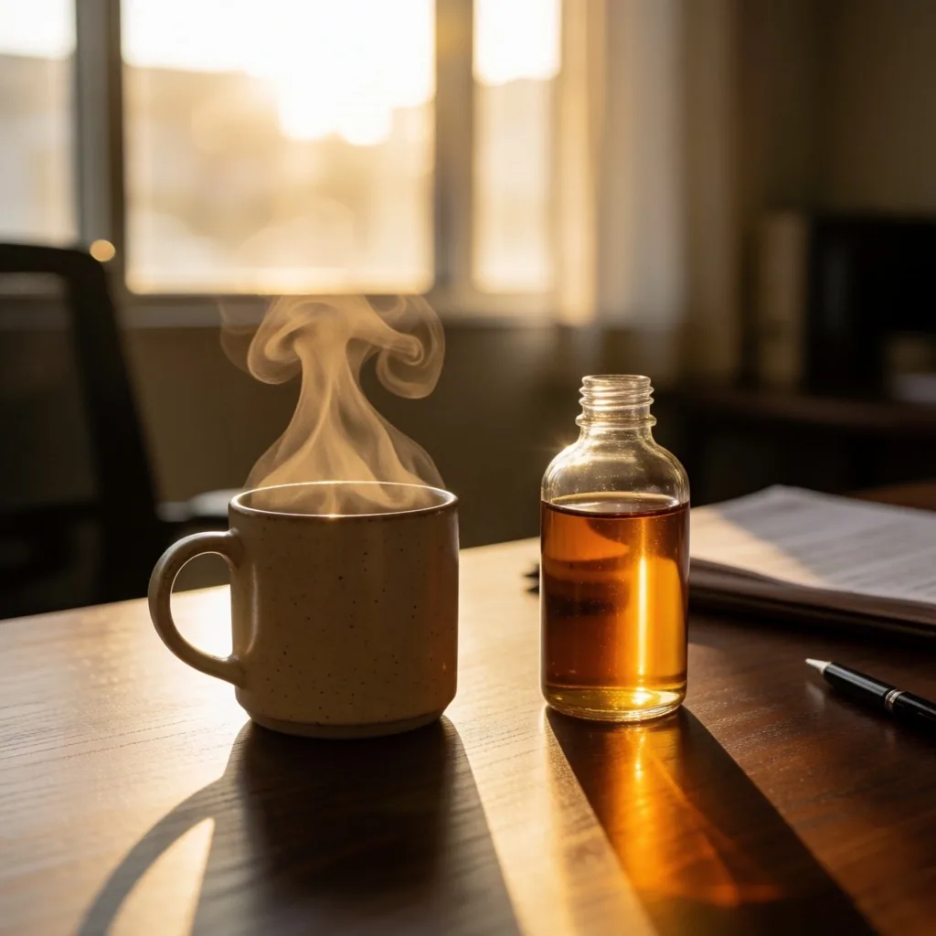Warm afternoon light through an office window with herbal tea