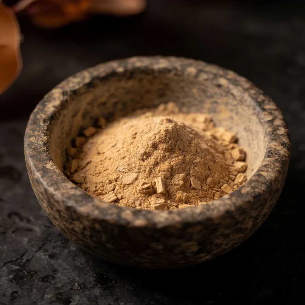 Ashwagandha root powder in a dark mortar