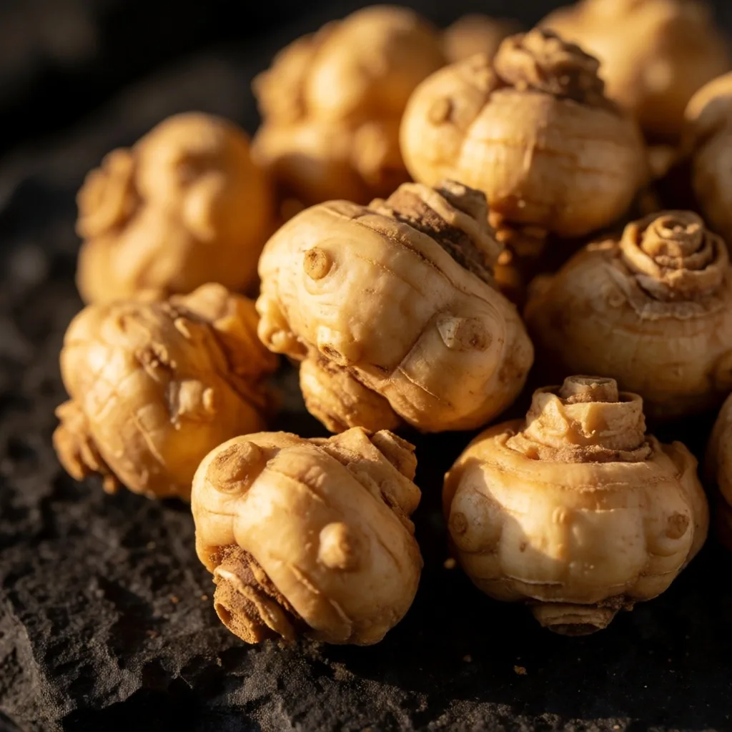 Dried maca root tubers on dark stone