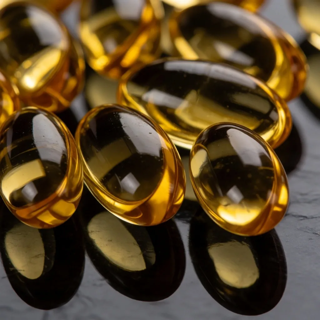 Golden fish oil capsules on dark slate