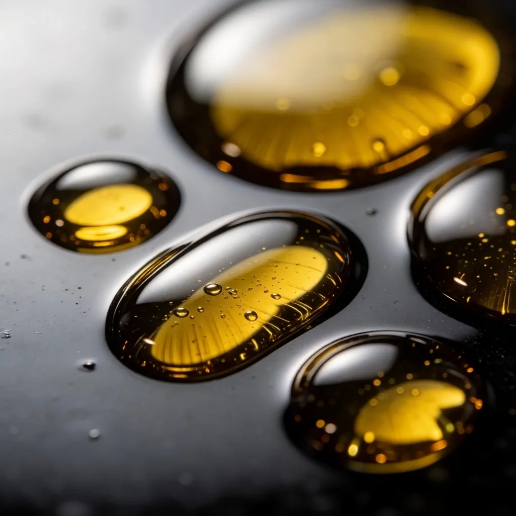 Golden D3 oil droplets on dark surface