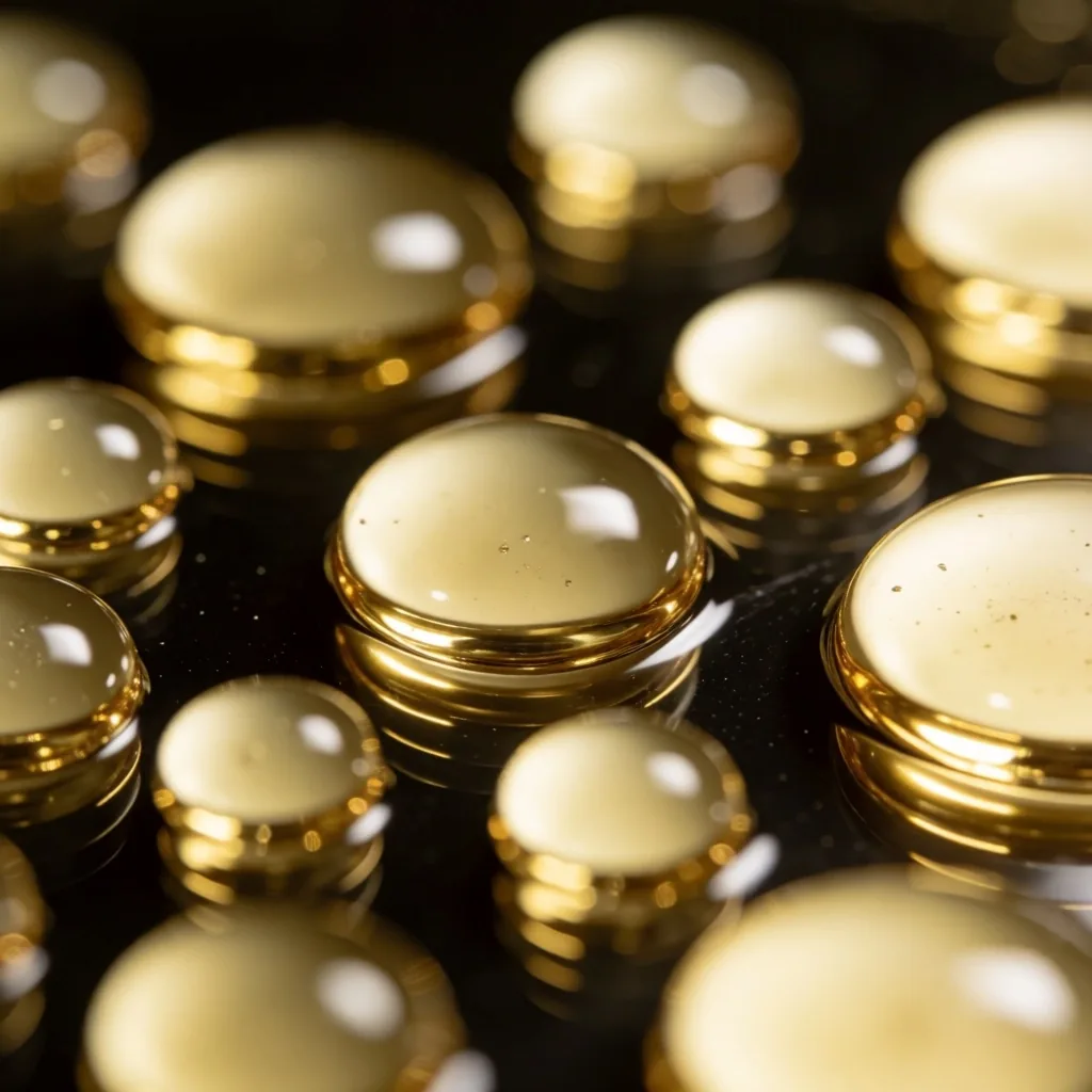 Golden D3 oil droplets on dark surface