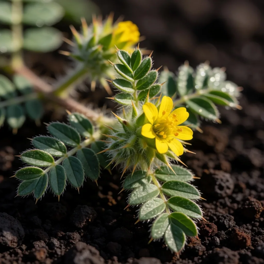 Tribulus terrestris spiny seed pods and leaves