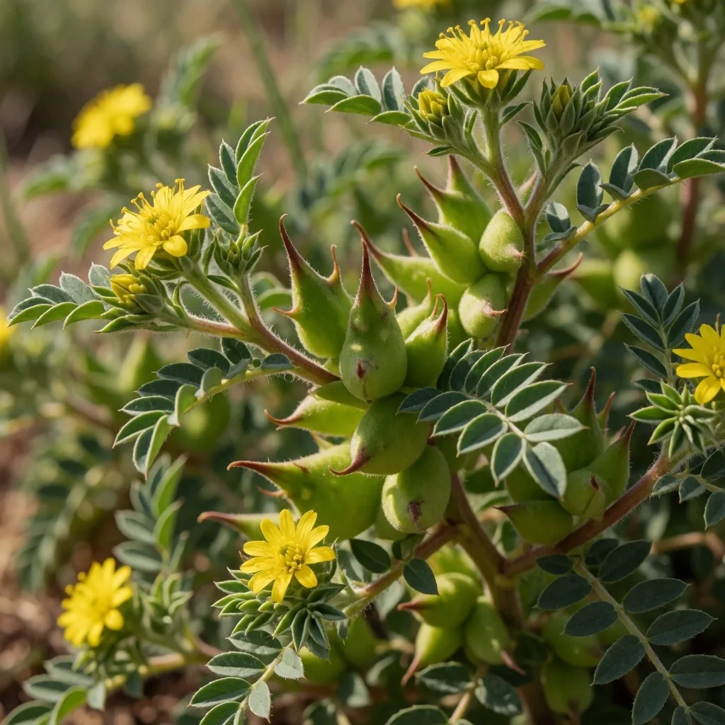Tribulus terrestris spiny seed pods on stem