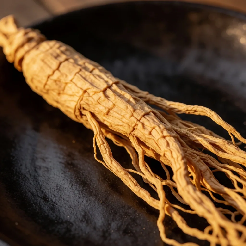 Whole dried ginseng root on ceramic plate