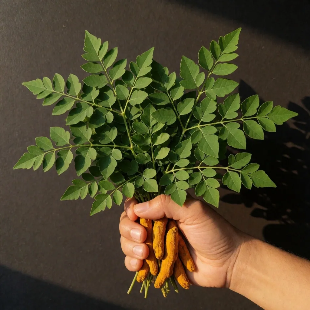 A hand holding fresh herbs and dried botanicals against dark background