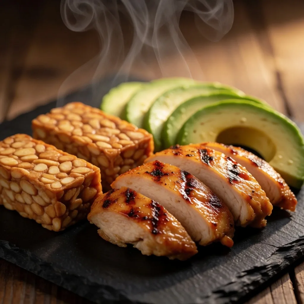 Balanced meal with grilled fish, rice, and vegetables on dark ceramic plate