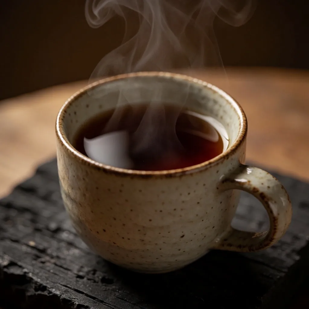 Ceramic cup of herbal tea with rising steam in warm low light