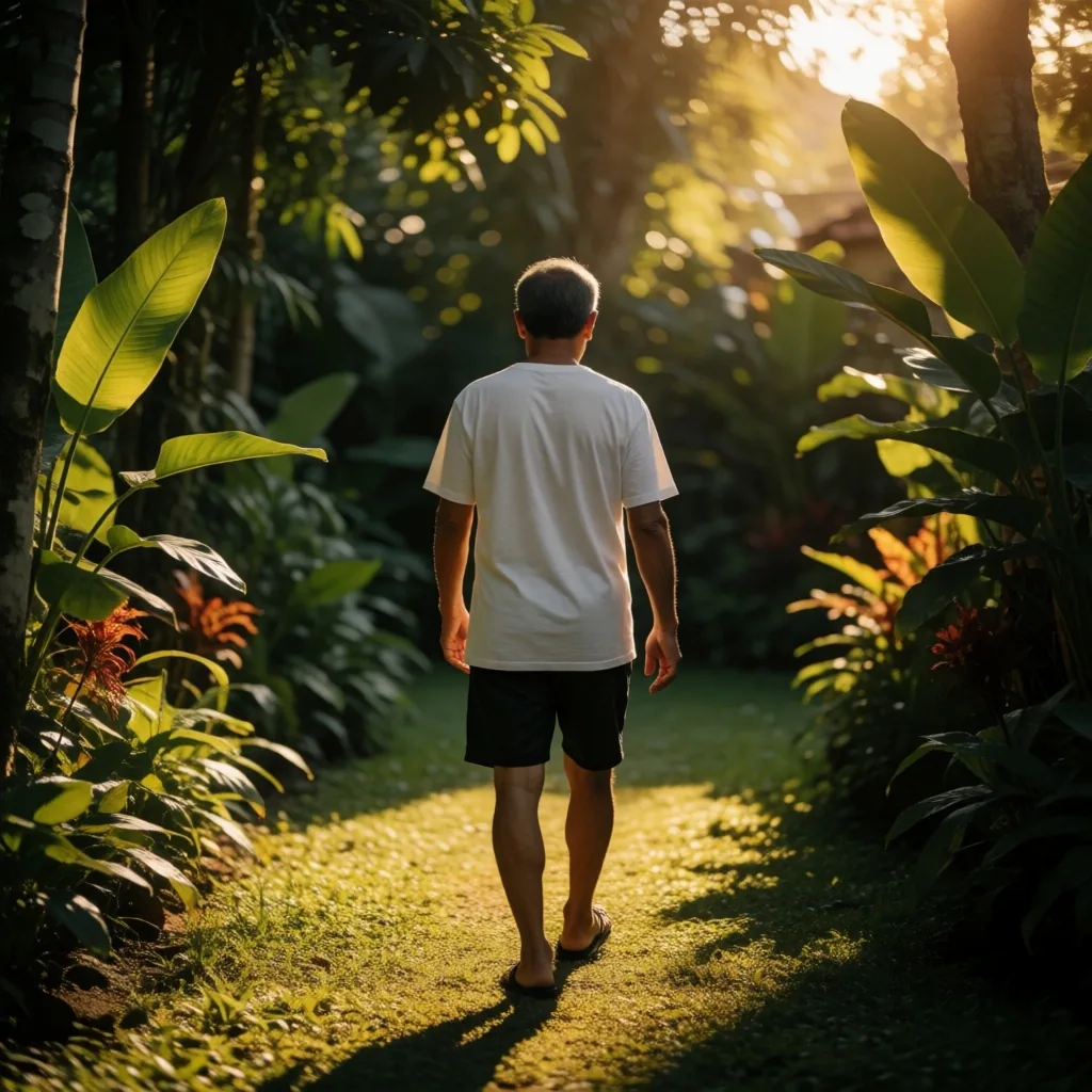 Older man walking through a garden in warm afternoon light