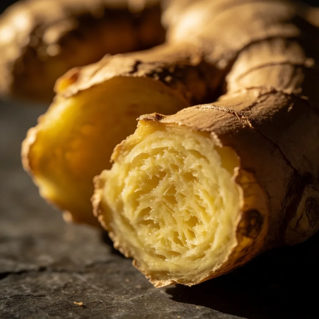 Split ginger root revealing its fibrous interior under warm studio light
