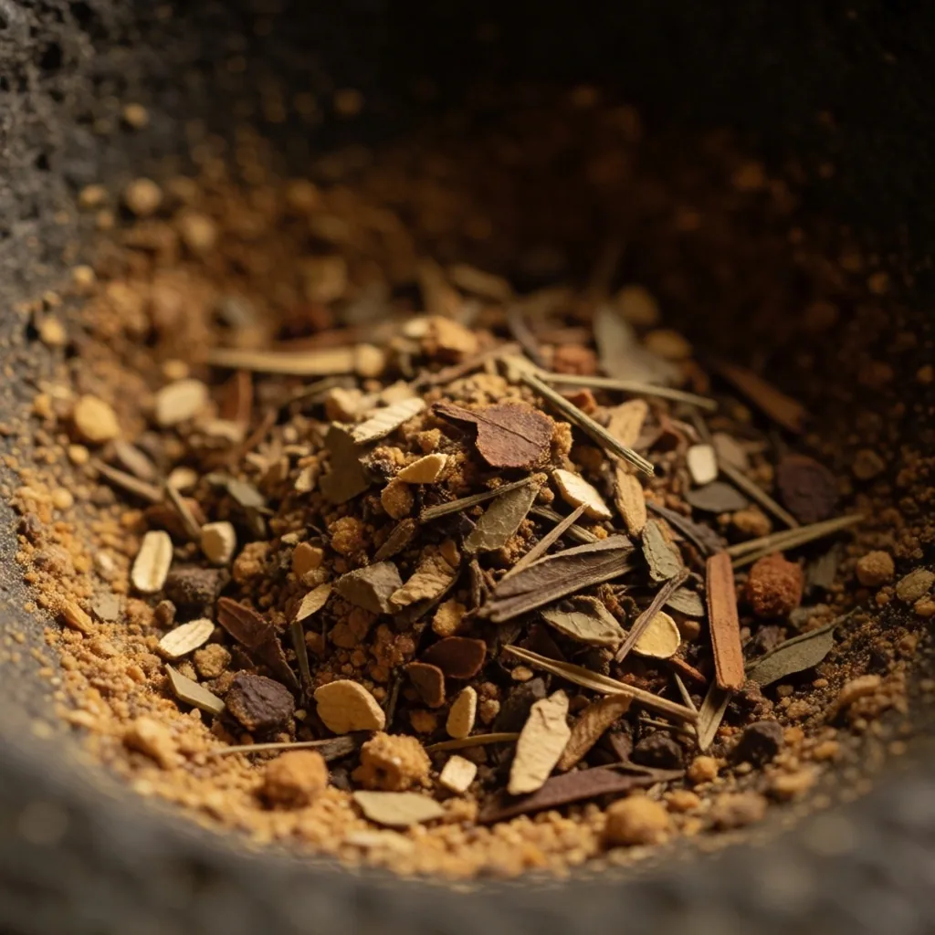 Stone mortar with crushed cloves and herbal powder in warm light
