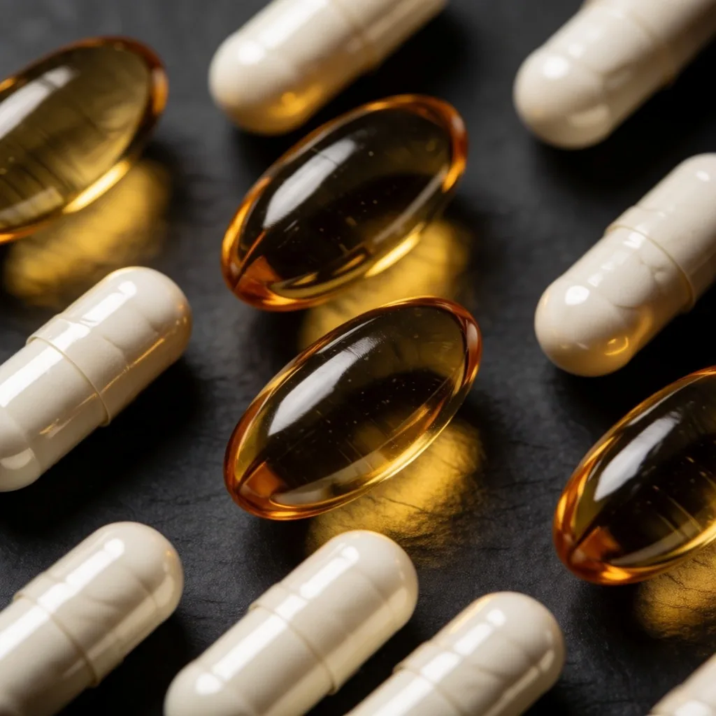 Vitamin capsules and softgels arranged on dark surface in warm light